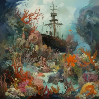 Illustration of a vibrant coral reef with a sunken ship in the background - Image 2