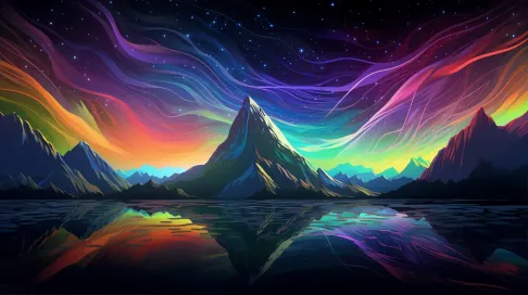 Low poly aurora over alien planet mountains with glitch art-influenced distorted color lines - Image 1