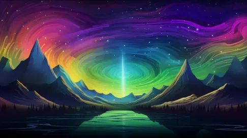 Low poly aurora over alien planet mountains with glitch art-influenced distorted color lines - Image 3