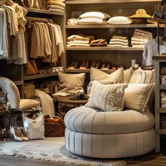 Cozy corner of a clothing store with seating and stylish accessories. - Image 1