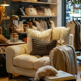 Cozy corner of a clothing store with seating and stylish accessories. - Image 2