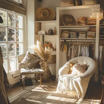 Cozy corner of a clothing store with seating and stylish accessories. - Image 3