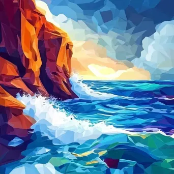 Dramatic low poly representation of waves crashing against a cliff - Image 2