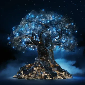 Illuminated tree sculpture made of tech waste under a starry sky, evoking Rodin