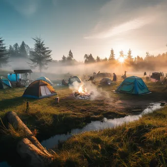 Calm morning at a campsite with a smoking bonfire - Image 1