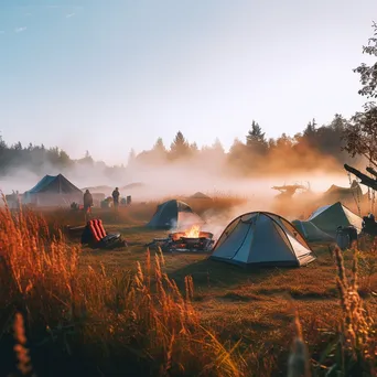 Calm morning at a campsite with a smoking bonfire - Image 3