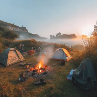 Calm morning at a campsite with a smoking bonfire - Image 4