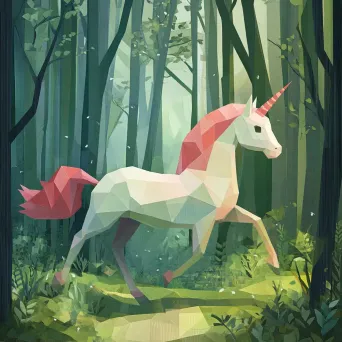 A pastel colored polygonal unicorn happily skipping through an emerald, low poly forest - Image 1