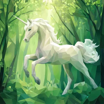 A pastel colored polygonal unicorn happily skipping through an emerald, low poly forest - Image 4