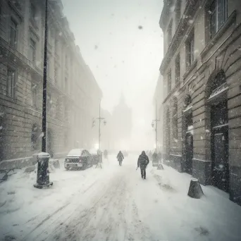 Illustration of a severe snowstorm in a city with heavy snowfall reducing visibility. - Image 2