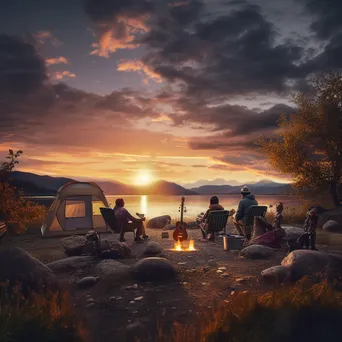 Family playing guitar by bonfire at sunset - Image 1