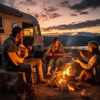 Family playing guitar by bonfire at sunset - Image 2