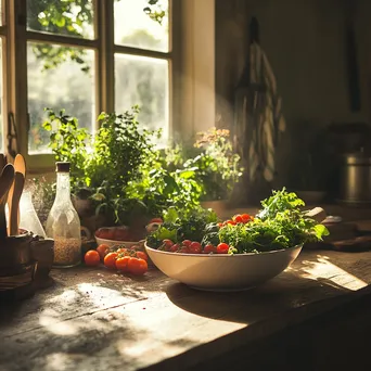 Bowl of freshly harvested organic salad ingredients in a bright rustic kitchen. - Image 2