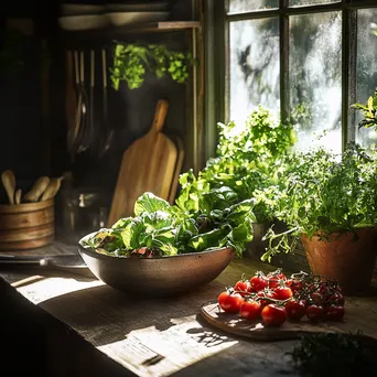 Bowl of freshly harvested organic salad ingredients in a bright rustic kitchen. - Image 3