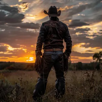 Portrait of a vintage cowboy in leather chaps and hat looking at sunset on farm - Image 1