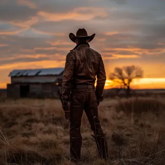 Portrait of a vintage cowboy in leather chaps and hat looking at sunset on farm - Image 3