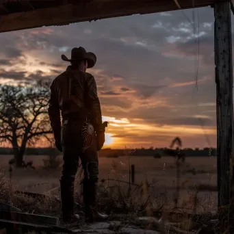 Portrait of a vintage cowboy in leather chaps and hat looking at sunset on farm - Image 4