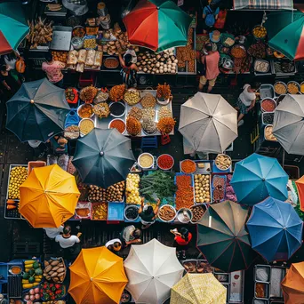 Overhead view of a bustling food market with diverse street food offerings. - Image 1