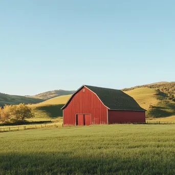 Red Barn Against Rolling Hills