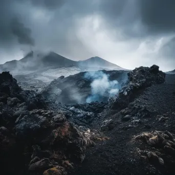 Volcanic island with smoking crater and rugged lava fields - Image 1