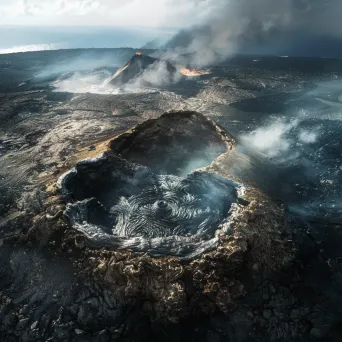 Volcanic island with smoking crater and rugged lava fields - Image 2