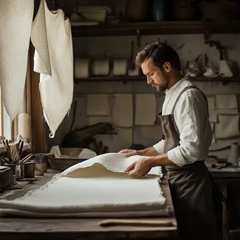 Artisan folding freshly woven linen tablecloths in a workshop. - Image 1