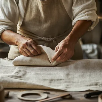 Artisan folding freshly woven linen tablecloths in a workshop. - Image 4