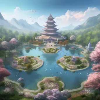 Tranquil Buddhist Pure Land with lotus plants and cherry blossom trees - Image 2