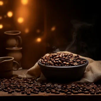 Coffee bag and beans with a steaming cup ready to pour. - Image 2