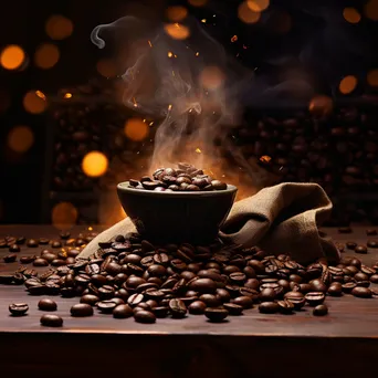 Coffee bag and beans with a steaming cup ready to pour. - Image 3