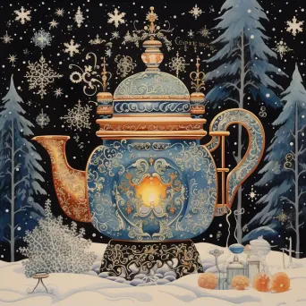 Gouache painting of a Russian samovar tea ceremony during winter - Image 1