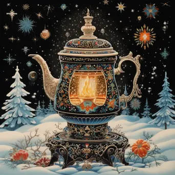 Gouache painting of a Russian samovar tea ceremony during winter - Image 2