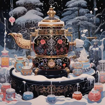 Gouache painting of a Russian samovar tea ceremony during winter - Image 4