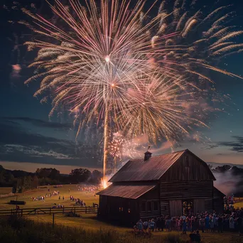 Fireworks exploding in the countryside with a barn and families celebrating New Year