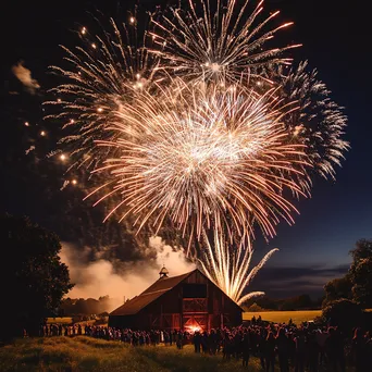 Fireworks exploding in the countryside with a barn and families celebrating New Year