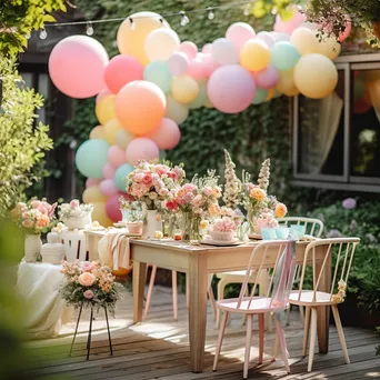 Pastel balloons and tables set for a garden birthday party. - Image 1