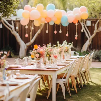 Pastel balloons and tables set for a garden birthday party. - Image 3