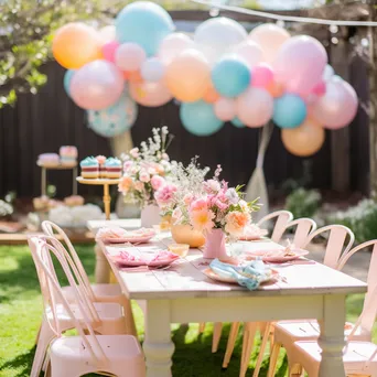 Pastel balloons and tables set for a garden birthday party. - Image 4