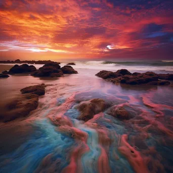 A beach with waves resembling colorful paint under a dramatic sky, creating a surreal effect. - Image 1