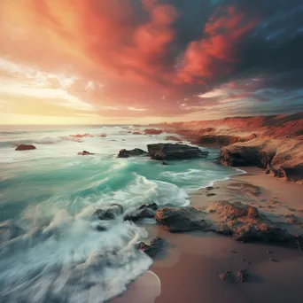 A beach with waves resembling colorful paint under a dramatic sky, creating a surreal effect. - Image 3