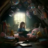 Girl reading in cozy attic surrounded by childhood toys - Image 1