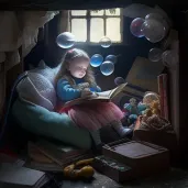 Girl reading in cozy attic surrounded by childhood toys - Image 4