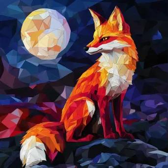 Low poly depiction of a Kitsune fox in vibrant red and orange hues against a midnight sky - Image 1