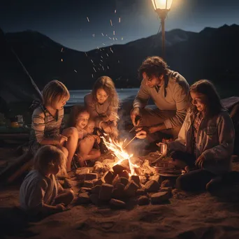 Family gathered around a bonfire at night roasting marshmallows - Image 1