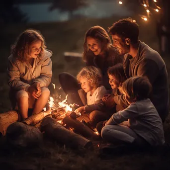 Family gathered around a bonfire at night roasting marshmallows - Image 3