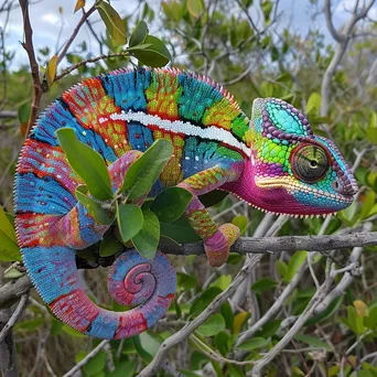 Chameleon on a branch blending with green leaves. - Image 4