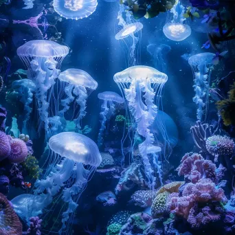 Underwater garden with glowing jellyfish, coral castles, and shimmering fish - Image 3