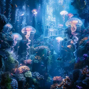 Underwater garden with glowing jellyfish, coral castles, and shimmering fish - Image 4