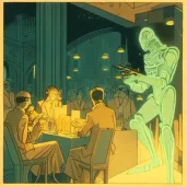 Image of a 1930s jazz club with robot musicians in a neon-lit futuristic city - Image 3