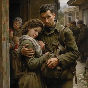 Realist style scene of a soldier returning home and an emotional family reunion - Image 1